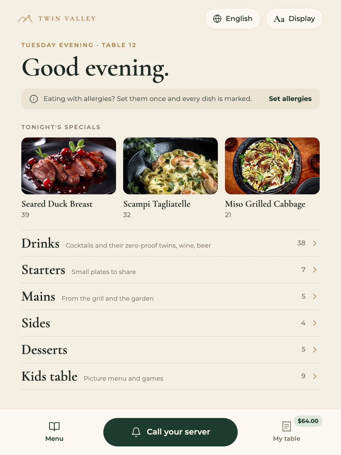 The MEEA menu home for Twin Valley, set in its leather page