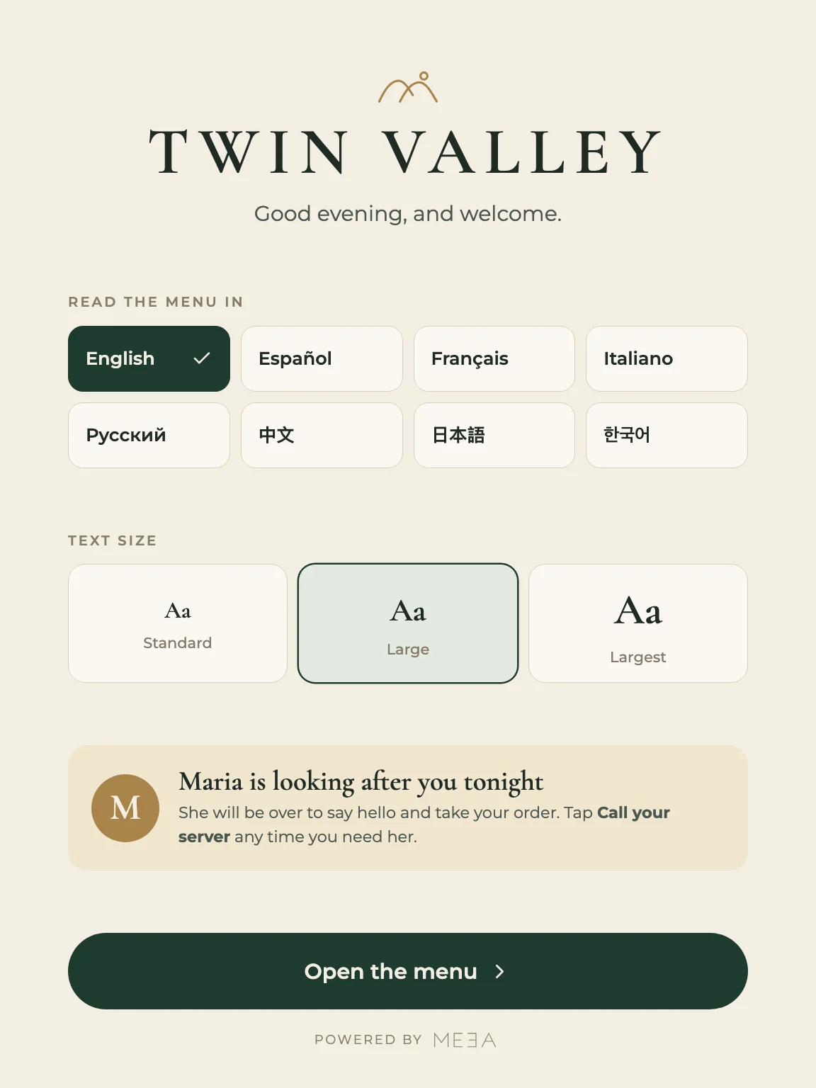 Final Welcome screen. Language and text size come first, and you meet your server.