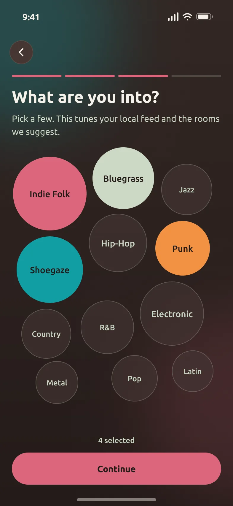 Petri Pick genres screen. Genre bubbles tune the local feed and the rooms Petri suggests.