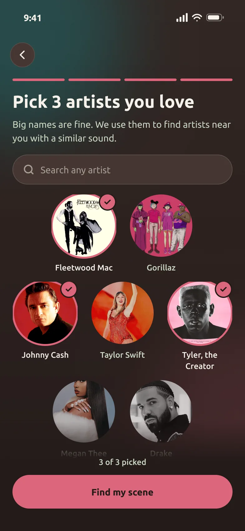 Petri Pick artists screen. Big names are fine. Petri uses them to find local artists with a similar sound.
