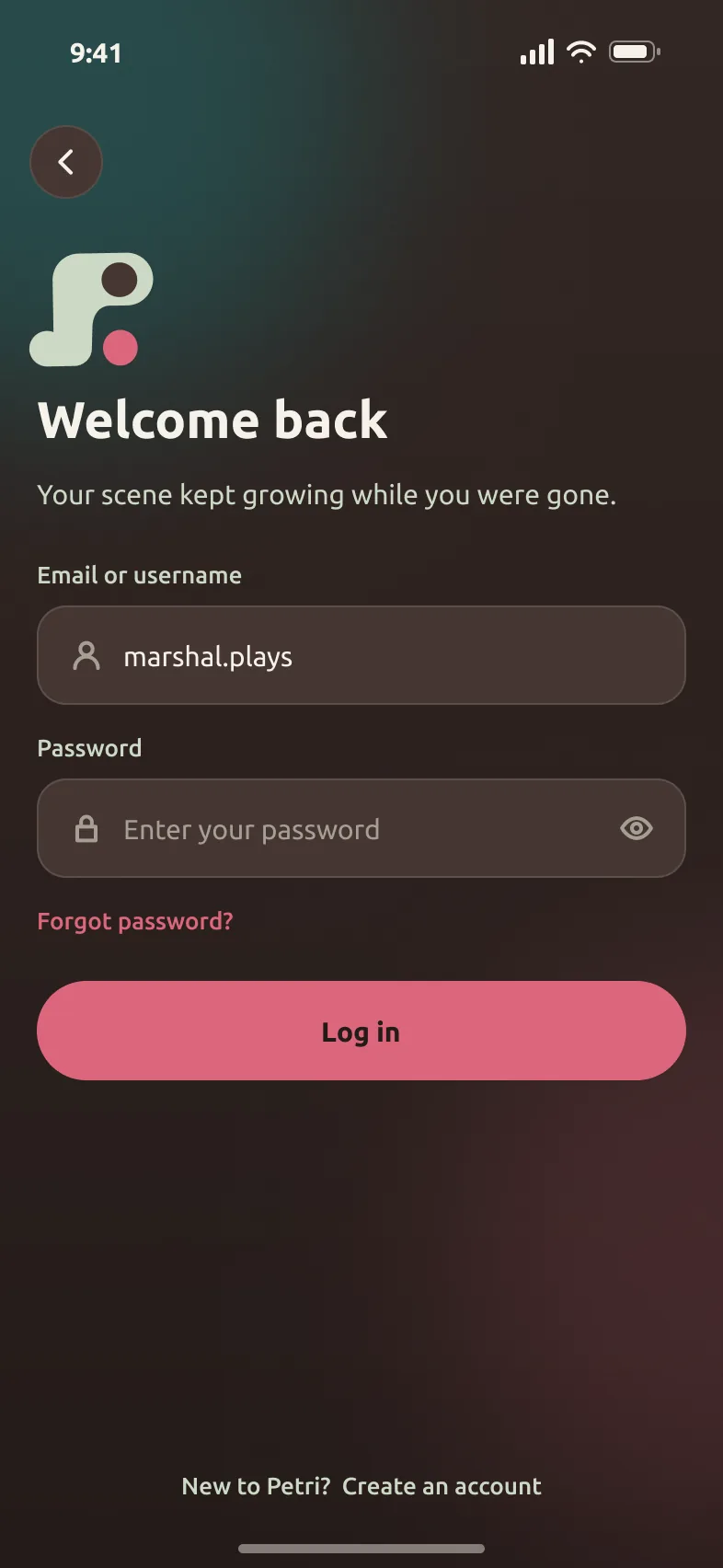 Petri Log in screen. Returning listeners get straight back to their scene.